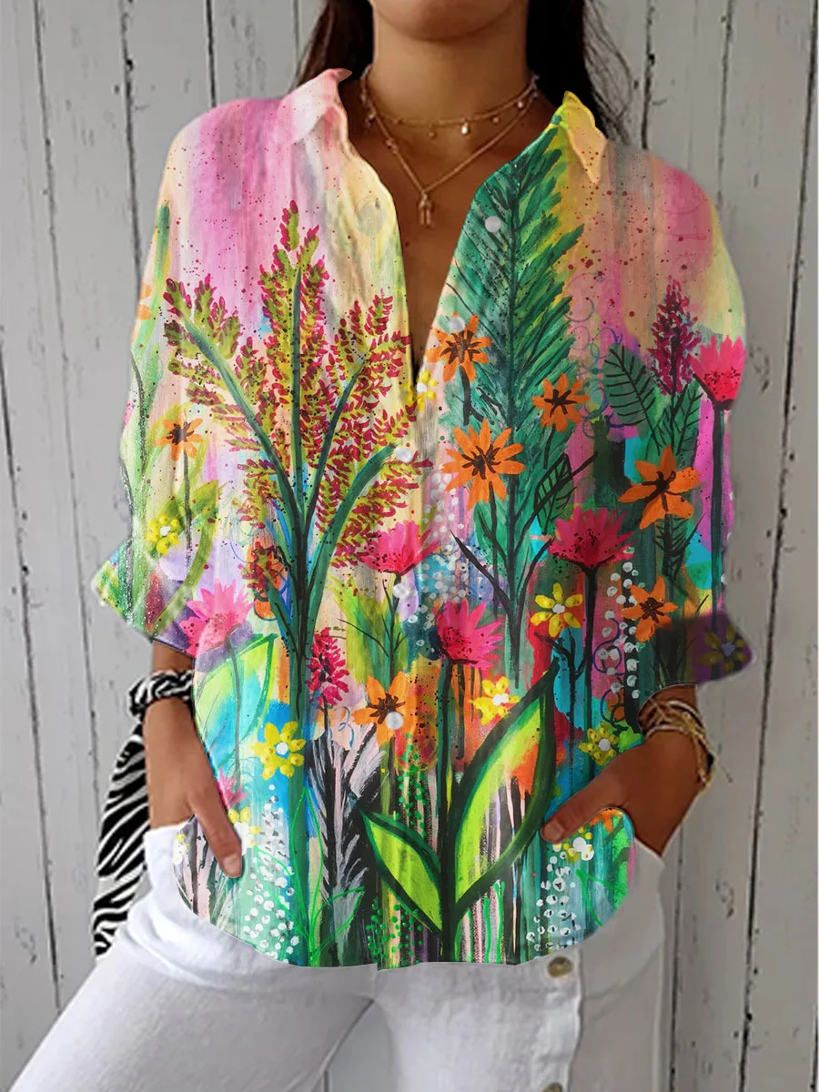 Women's Vintage Colorful Flower Art Print Casual Linen V-neck Shirt