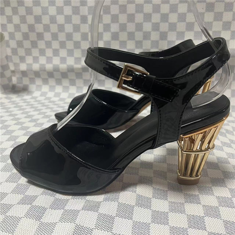 Unique Metal Fretwork Strange Heel Sandals Women Ankle Strap Genuine Leather Concise Style Party Shoes
