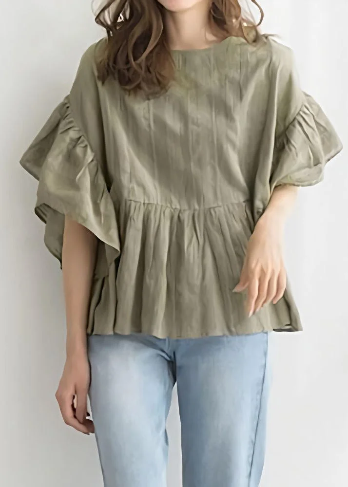 5.12Boutique Green O-Neck Patchwork Wrinkled Cotton A Line Blouse Tops Butterfly Sleeve