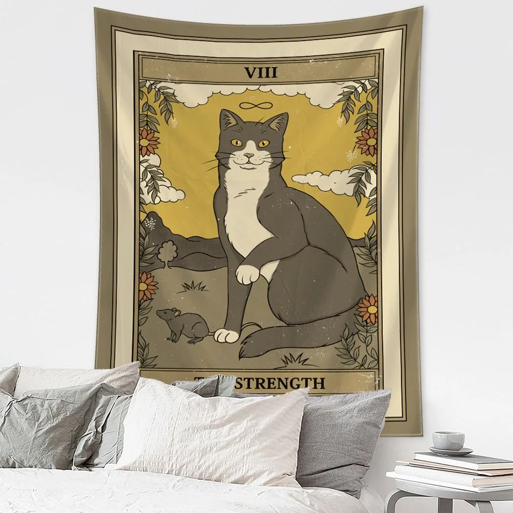 Cartoon Cat Tarot Tapestry Wall Hanging Mysterious Psychedelic Witchcraft Tapiz Hippie Kawaii Home Decor