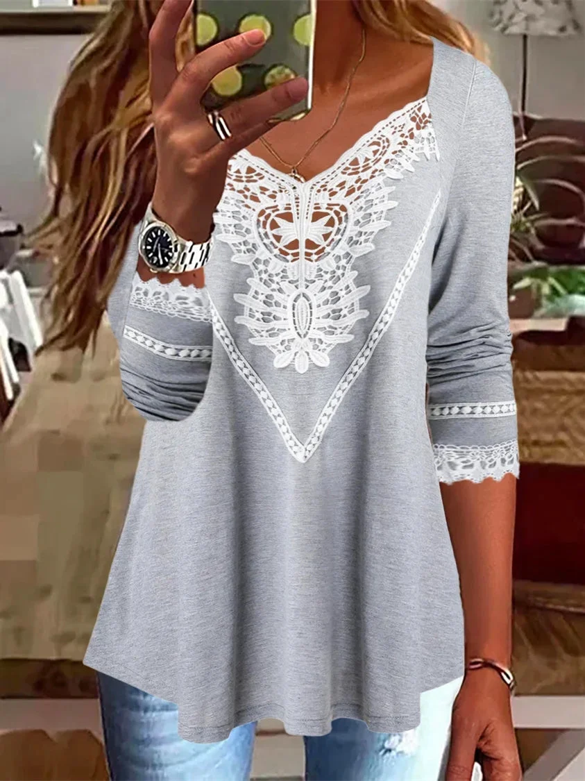 Women Long Sleeve V-neck Graphic Printed Lace Top