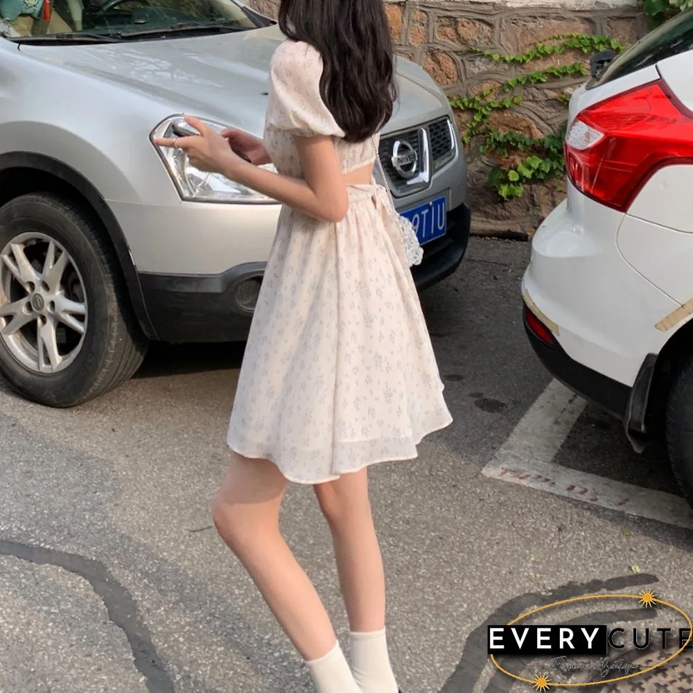 Dresses Women Puff Sleeve Holiday Sundress Hollow Out Floral Design Korean Style College Lovely Simple Trendy Summer Vestidoes