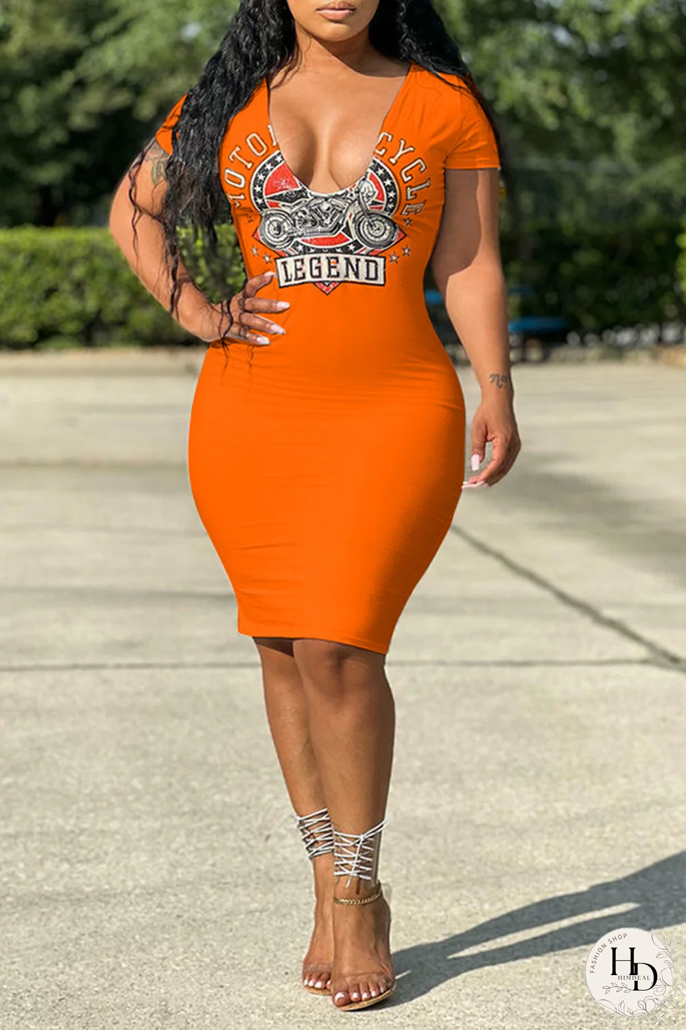 Tangerine Red Fashion Print Patchwork V Neck Pencil Skirt Dresses