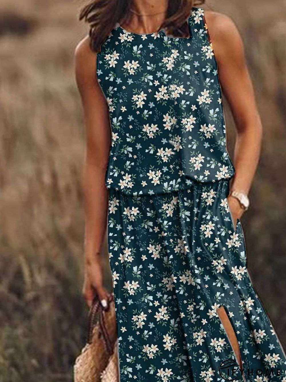 Blue Crew Neck Floral Casual Sleeveless Weaving Dress | IFYHOME