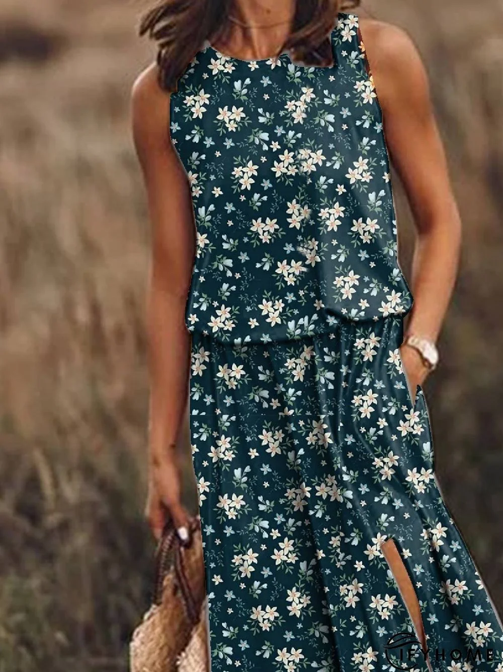 Blue Crew Neck Floral Casual Sleeveless Weaving Dress | IFYHOME