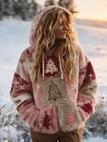 Women's Patchwork Floral Christmas Tree Print Plush Hoodie
