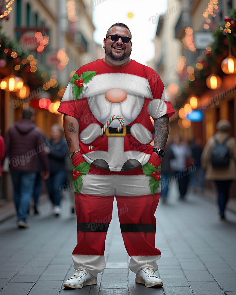 Men's Plus Size With Crutches Santa Print T-shirt Trousers Suit