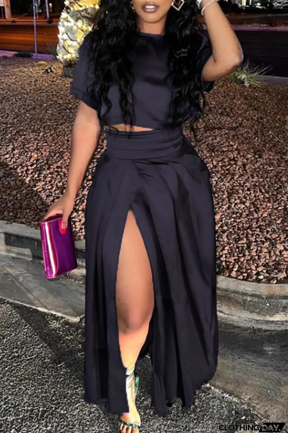 Lake Blue Fashion Casual Solid Slit O Neck Short Sleeve Two Pieces