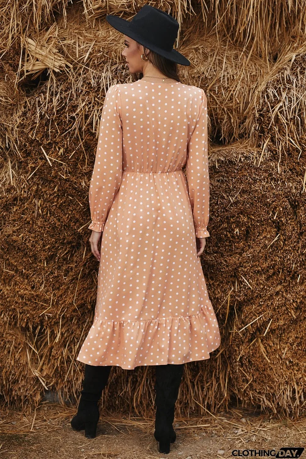 Apricot Button Polka Dot High Slit Ruffled Long Sleeve Midi Dress