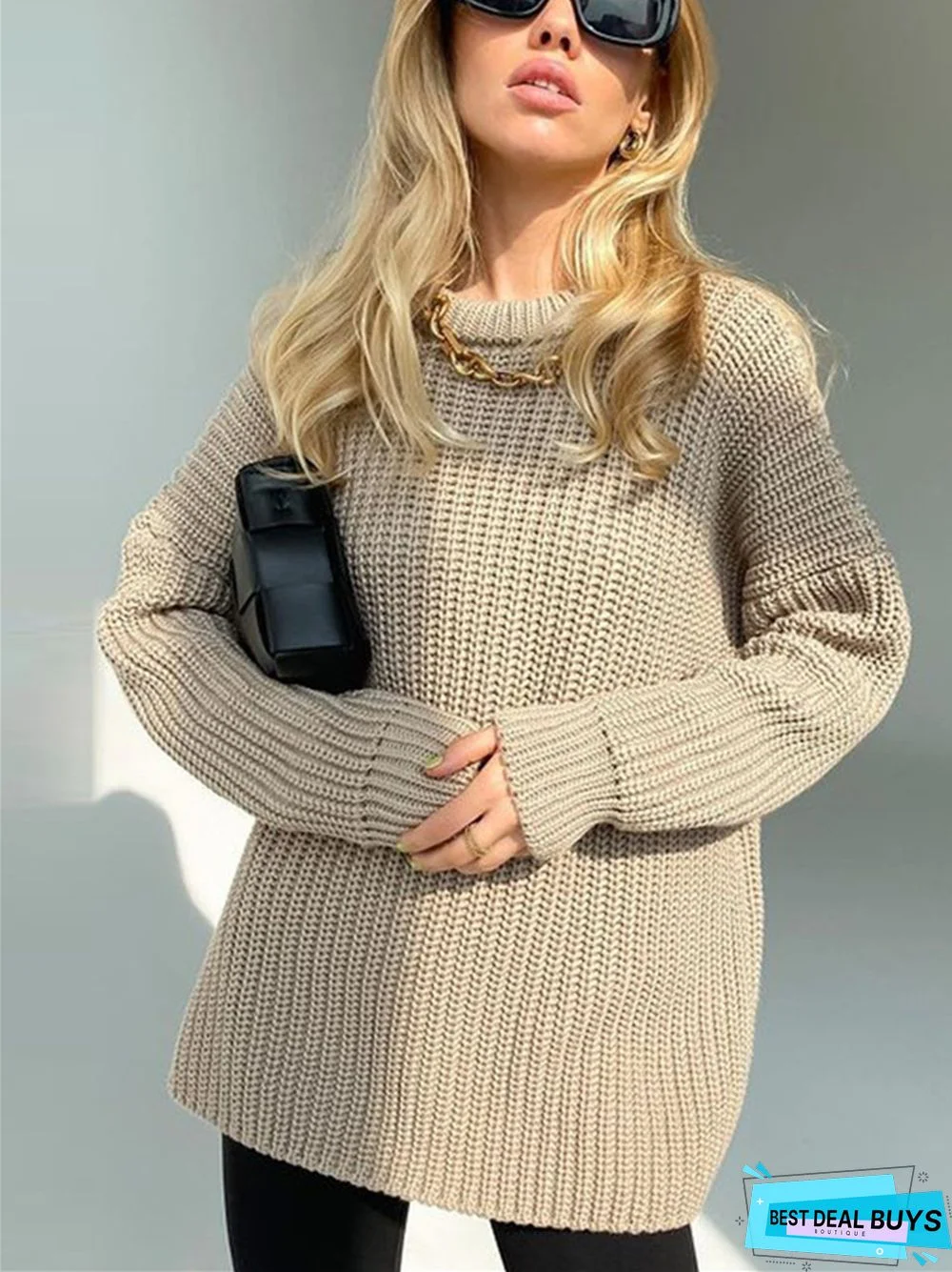 Solid Color Casual Loose Long Sleeve Round Neck Knitting Sweater