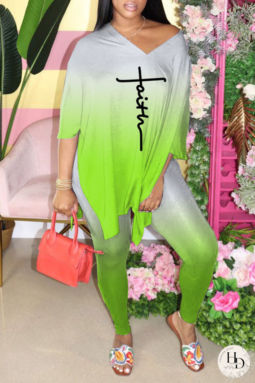 Blue Casual Gradual Change Print Patchwork Slit V Neck Half Sleeve Two Pieces