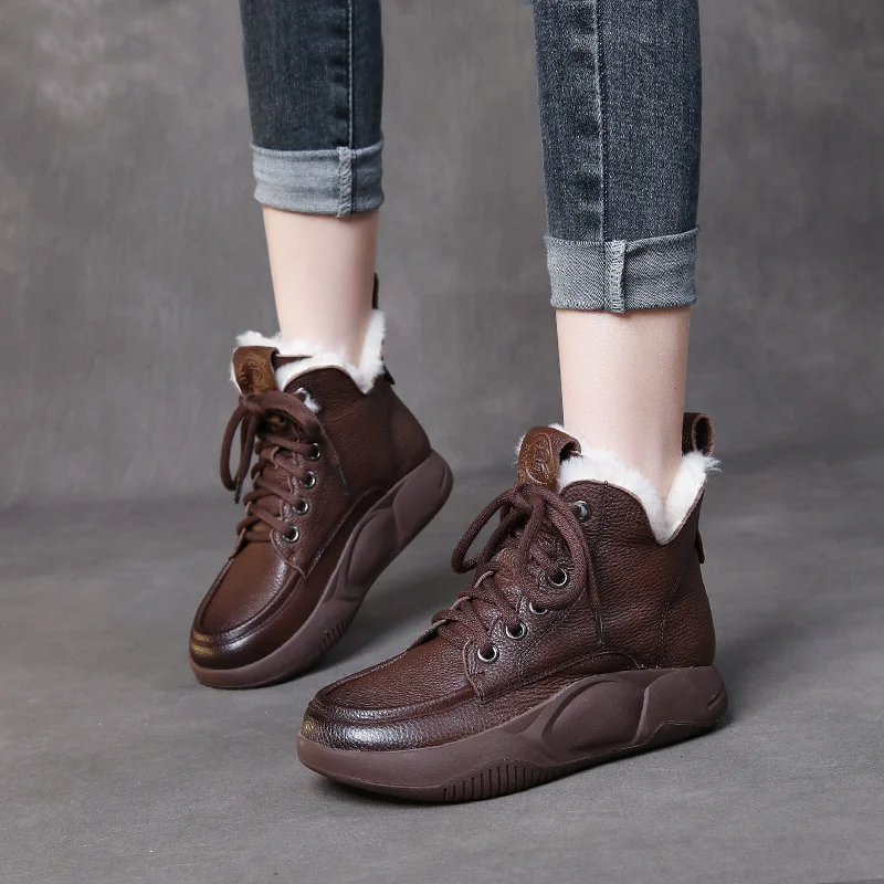 Yyvonne Leather Short Boots Women Winter Flat Bottom With Round Head Real Snow Boots Retro Martin Boots Retro Style