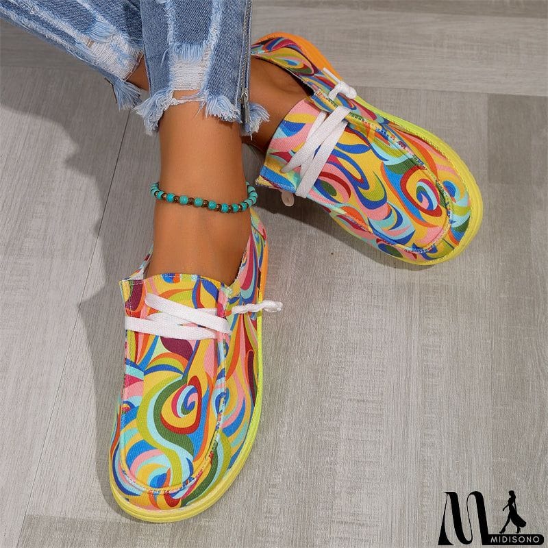 MidiSono - Ethnic Style Lace-up Low-top Graffiti Flat Shoes for Women