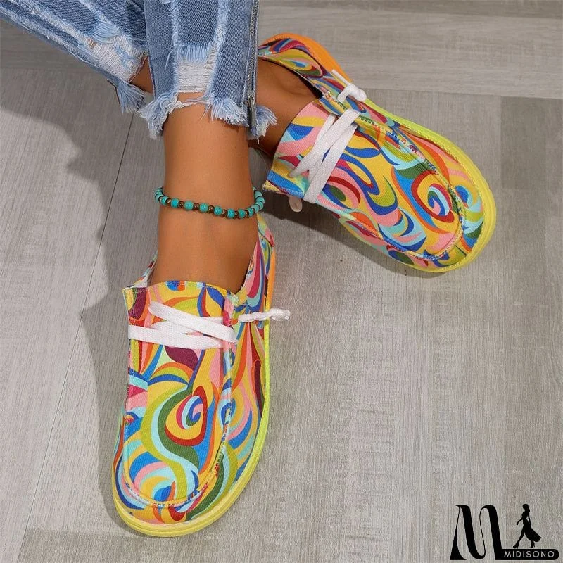 MidiSono - Ethnic Style Lace-up Low-top Graffiti Flat Shoes for Women