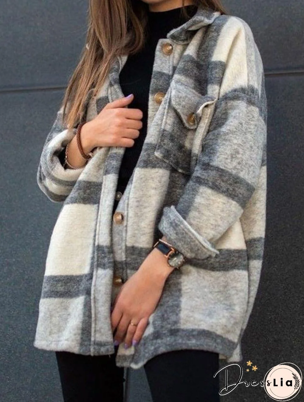 Long Sleeve Lapel Loose Plaid Casual Jacket