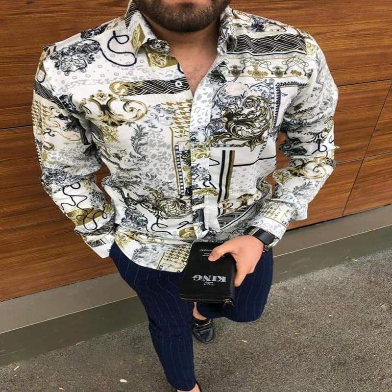 Printed long-sleeved slim men's casual shirt