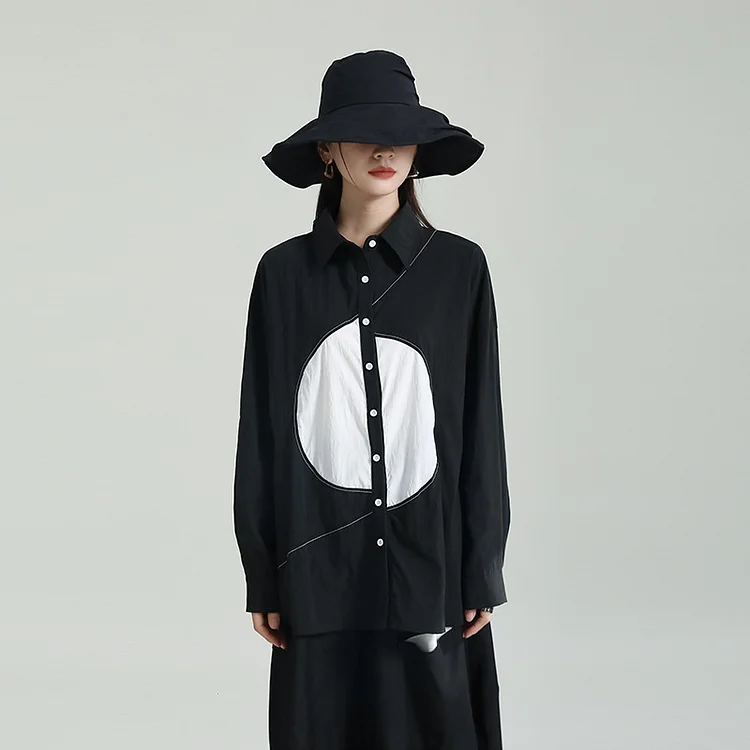 Asymmetric Color Blocking Long Sleeve Lapel Shirt - yankia