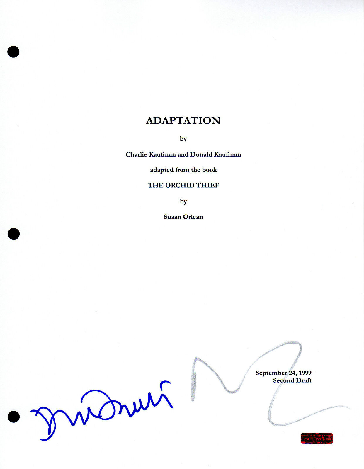 GFA Adaptation * NICOLAS CAGE & TILDA SWINTON * Signed Full Movie Script AD1 COA