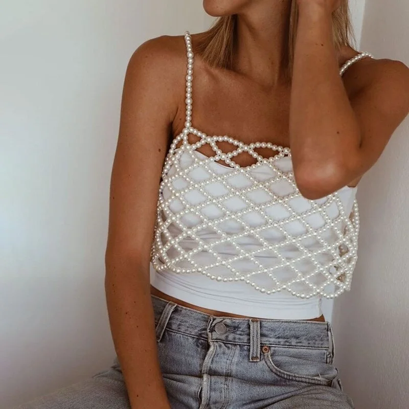 Elegant Lady Pearl fashion Crop Top Fishnet Hollow Out Camisole Summer Beach Holiday Cover-ups Women Sleeveless Backless Vest