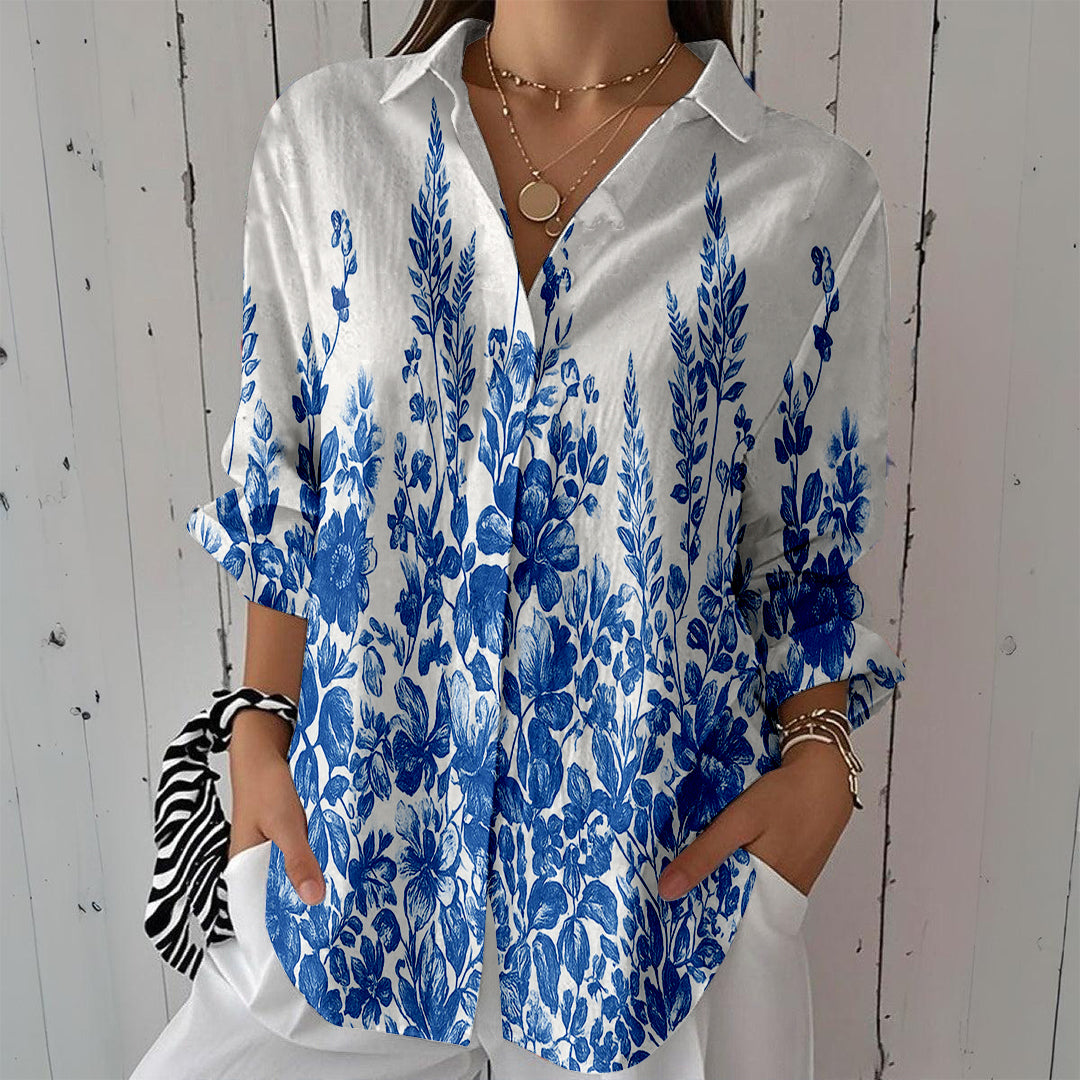 Women Long Sleeve V-neck Graphic Floral Printed Top