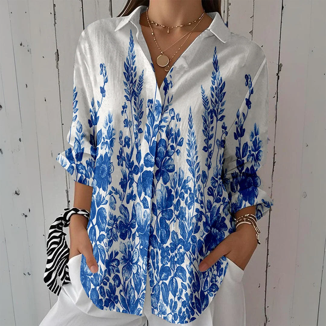 Style & Comfort for Mature Women Women Floral, Blue DZCL0500 3/4 Sleeve Shirt Collar Printed Button Tops
