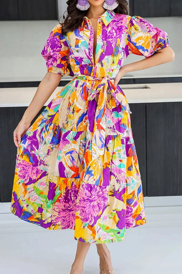 Abstract Print Colorful Belted Tiered Ruffle Midi Dress