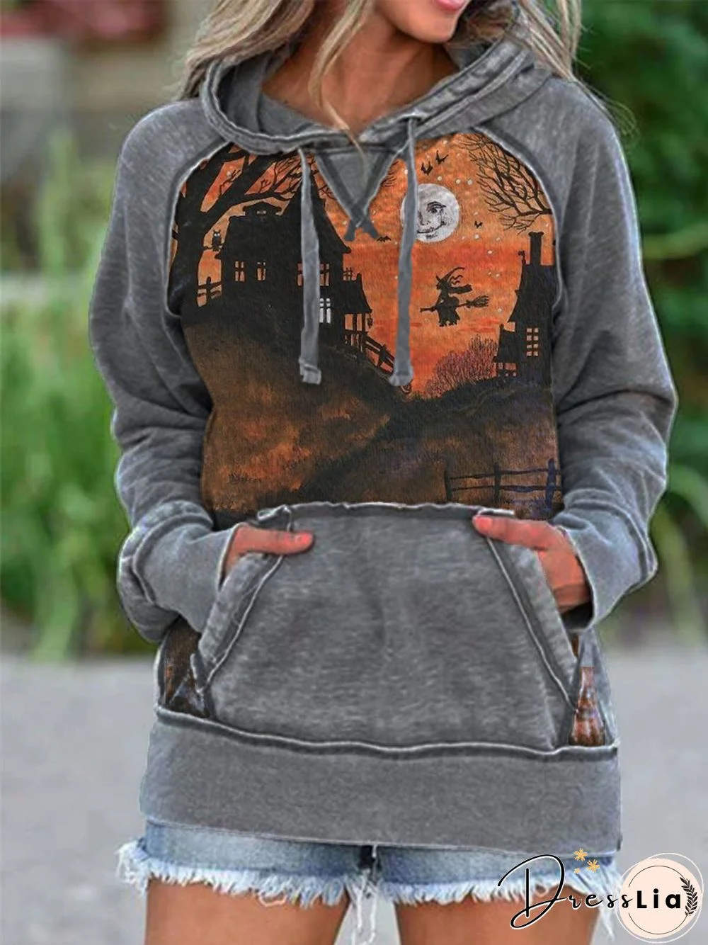 Gray Floral-Print Hoodie Ombre/tie-Dye Casual Sweatshirts