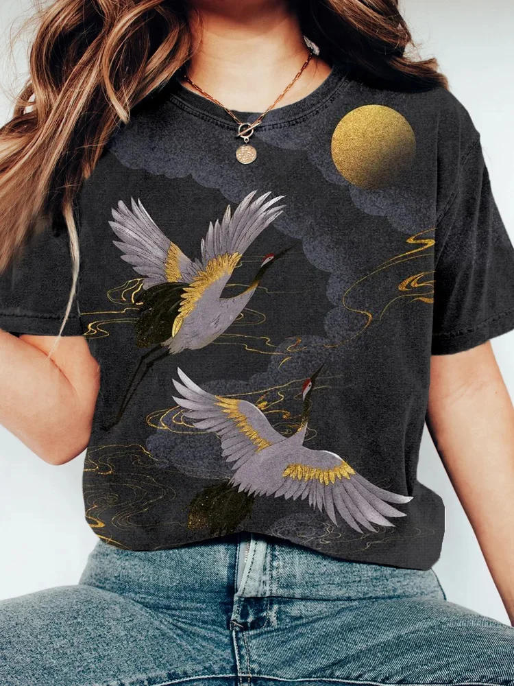Japanese Cranes Flight To Golden Moon Art Vintage T Shirt / DarkAcademias /Darkacademias