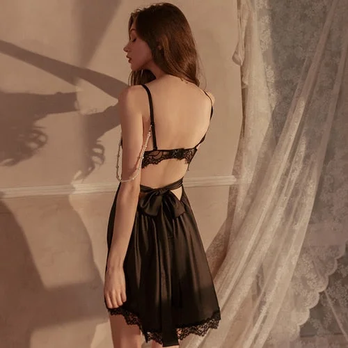 Free Removal with Beads Sexy Sleepwear Lace Cross Strap Nightdress Women Summer Temptation Lingerie Night Gown Multicolor