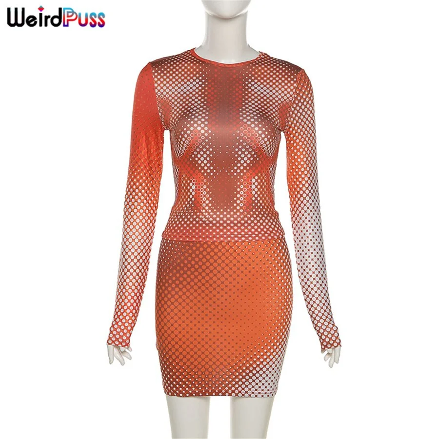 Weird Puss Dots Sexy Print Autumn Women 2 Piece Set Stretchy Long Sleeve Crop Top+Skirt 2021 Fashion Streetwear Matching Suit