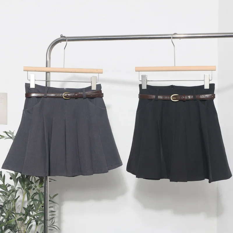 Uveng College Style Gray Half Skirt Short Skirt Small High-Waist A-Word Skirt Jk Skirt With Belt 8200