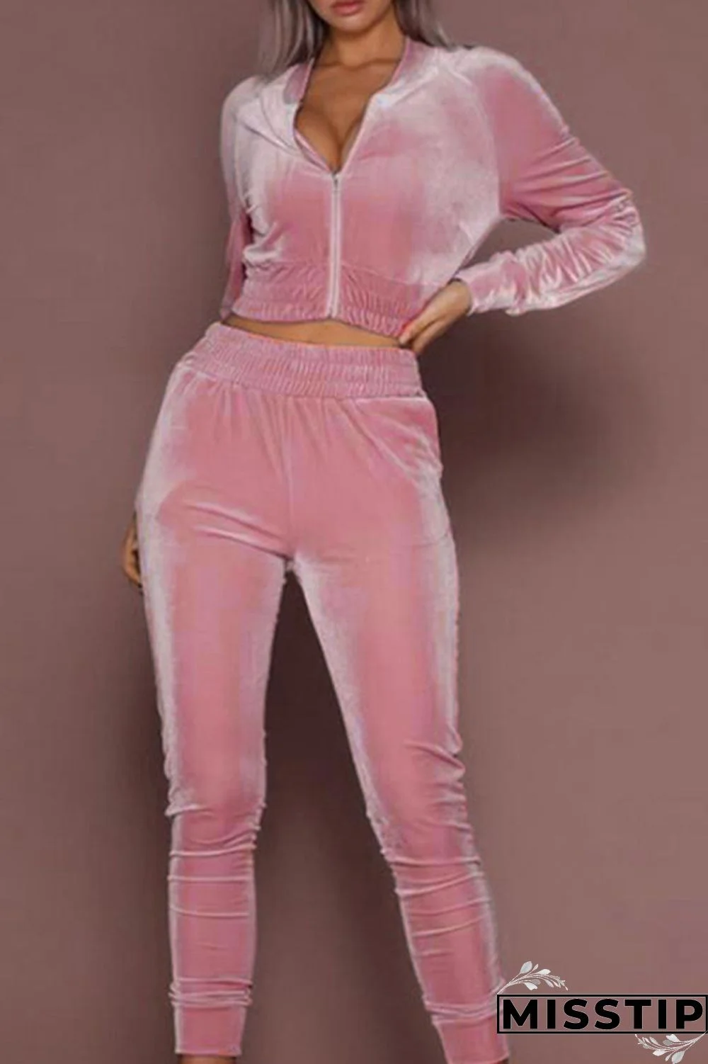 Pink Fashion Casual Solid Basic Zipper Collar Long Sleeve Two Pieces