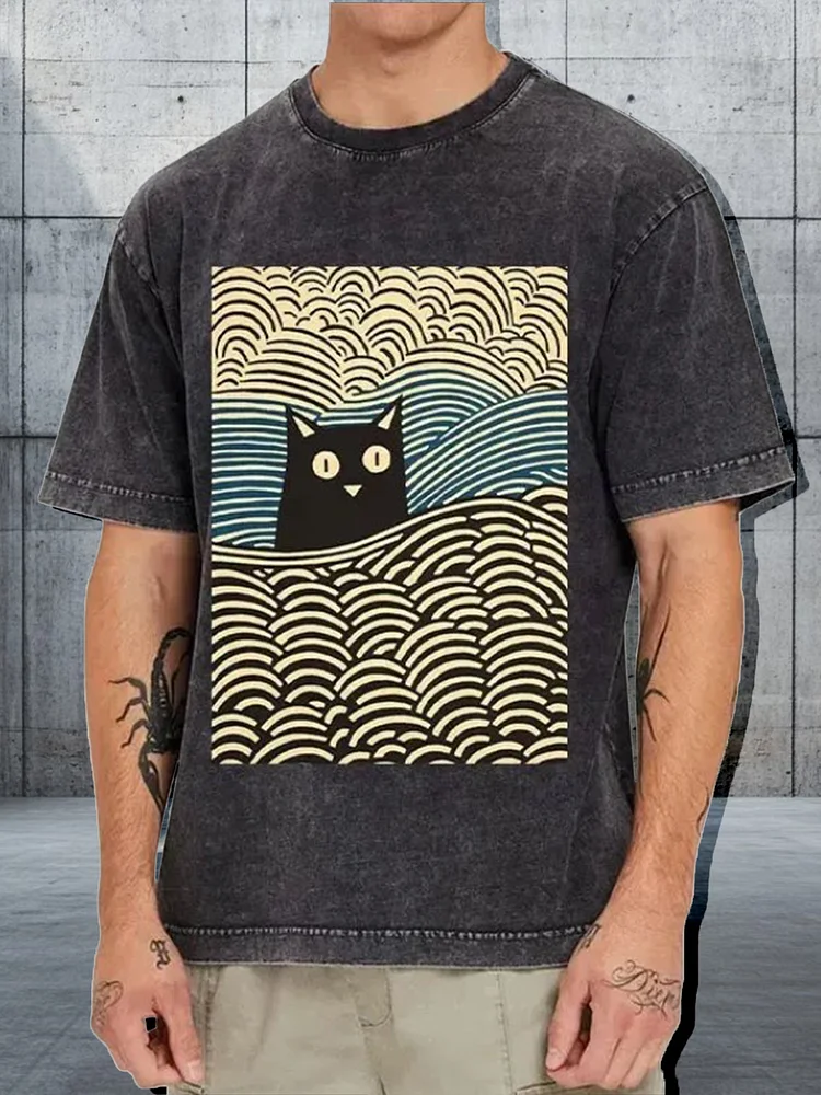 Men's Kawaii Cat Japanese Art Print Cotton Washed T-Shirt