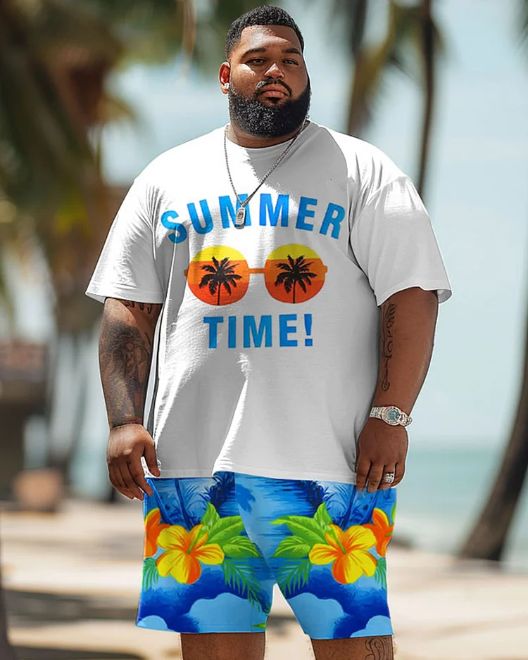 Men's Plus Size Hawaiian Glasses Floral Print T-Shirt Shorts Suit