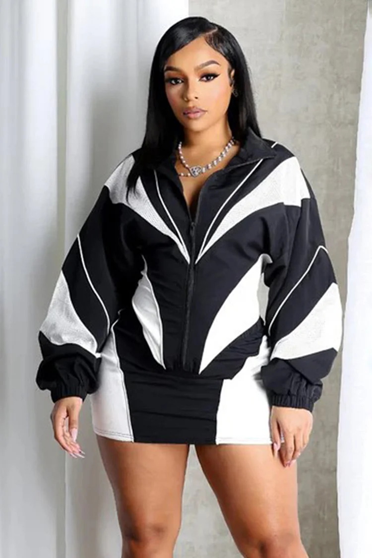 Colorblock Zip-Up Hoodie Bodycon Mini Skirt 2pcs Set-Black