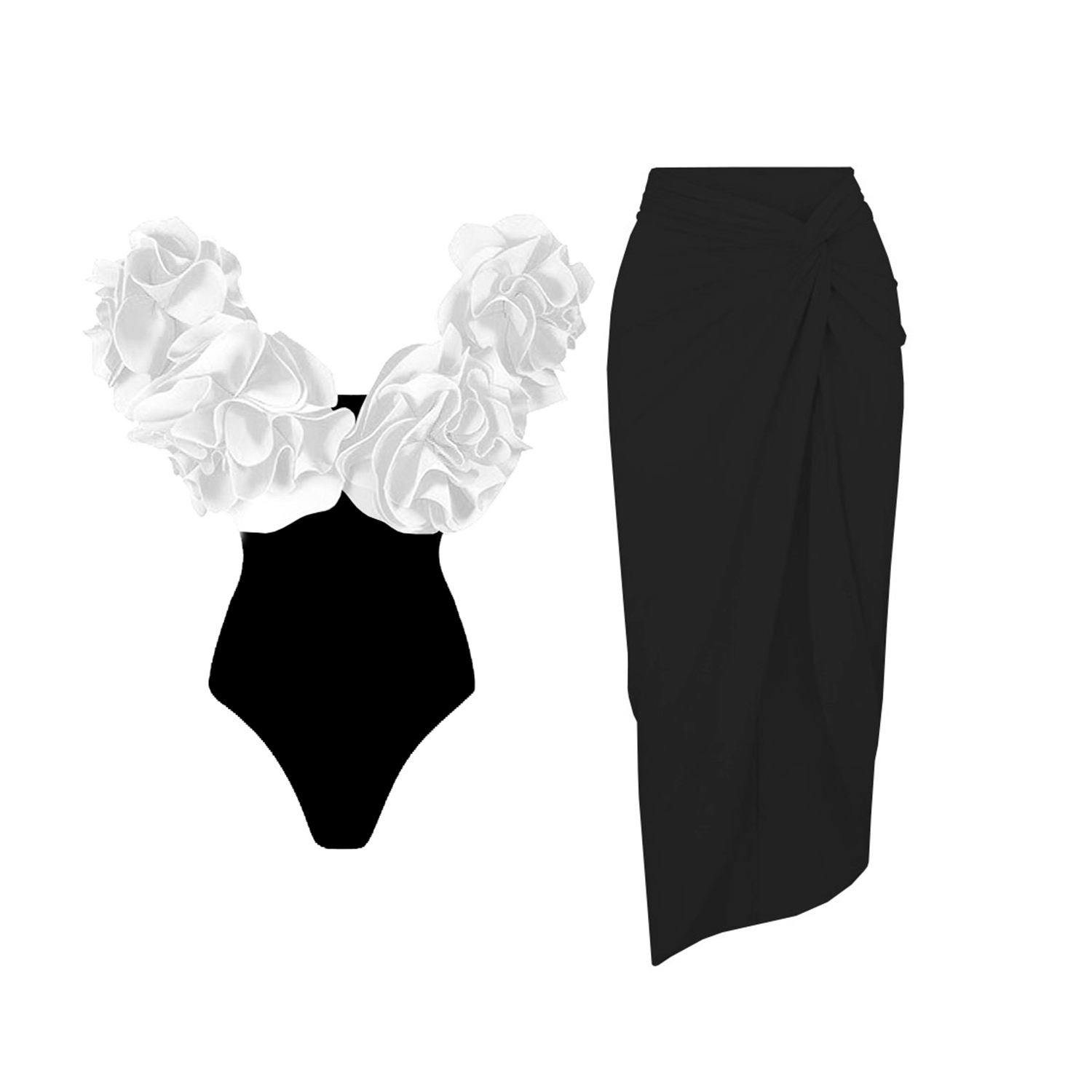 Ballifyex 2025 2Pc High Quality Luxury Woman Swimsuit Flower Ruffle Solid Bathingsuit Push Up Swimwear Off Shoulder Summer Suits Beachwear