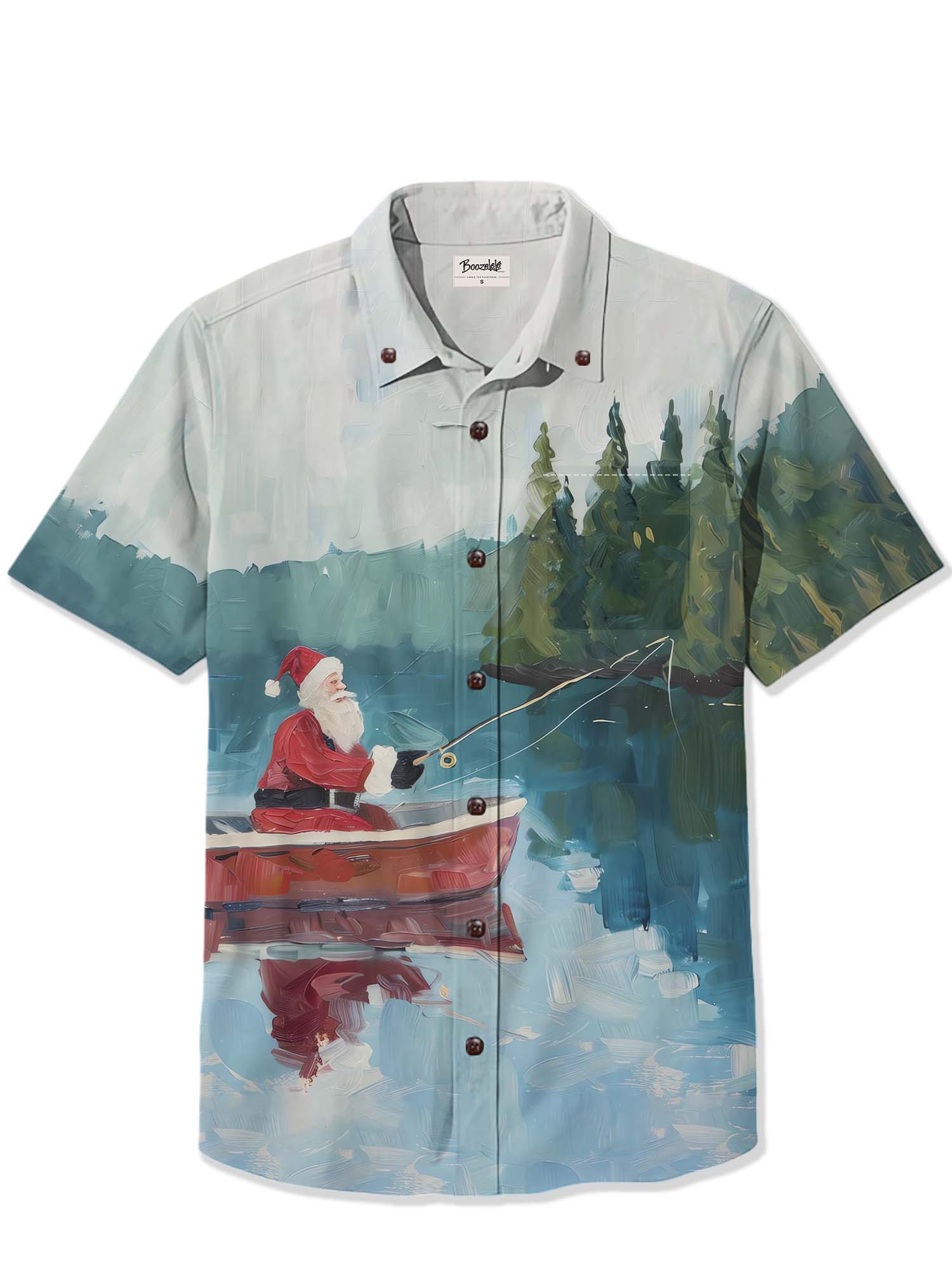 Oil Painting Christmas Santa Claus Fishing - 100% Cotton Shirt