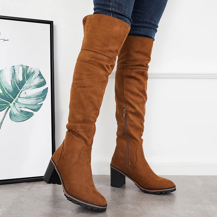 Stretch Over The Knee Thigh High Boots Platform Chunky Heel Boots
