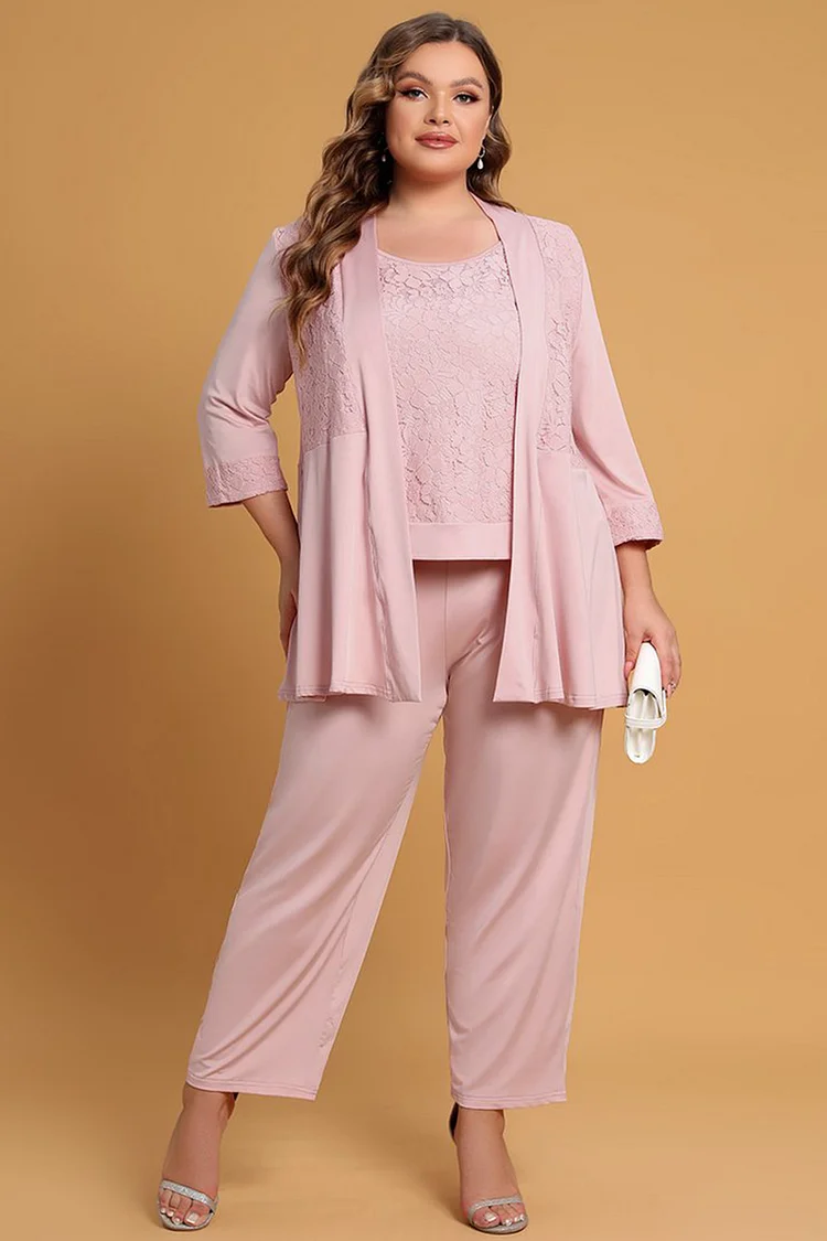 Flycurvy Plus Size Mother Of The Bride Mauve Lace 3/4 Sleeve Three Pieces Set Pant Suit FlyCurvy Flycurvy [product_label]