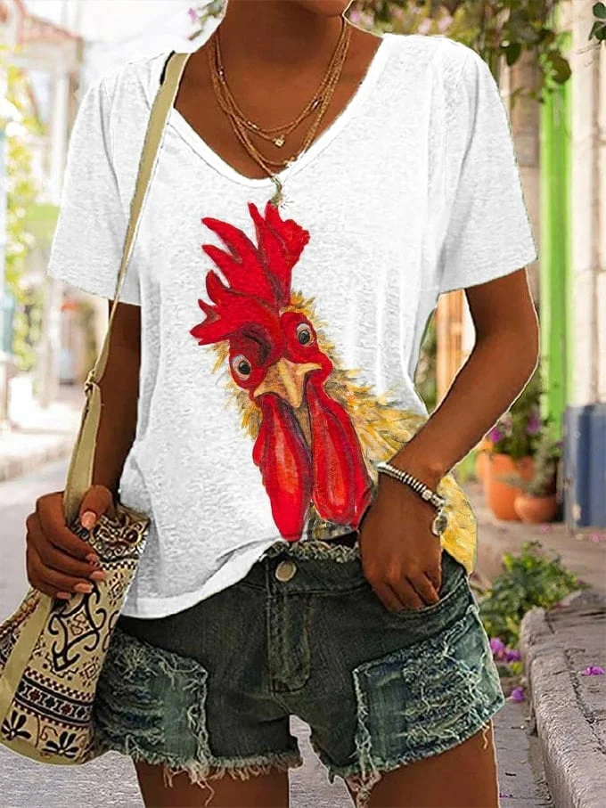 Women's Funny Rooster Print V-Neck Top socialshop