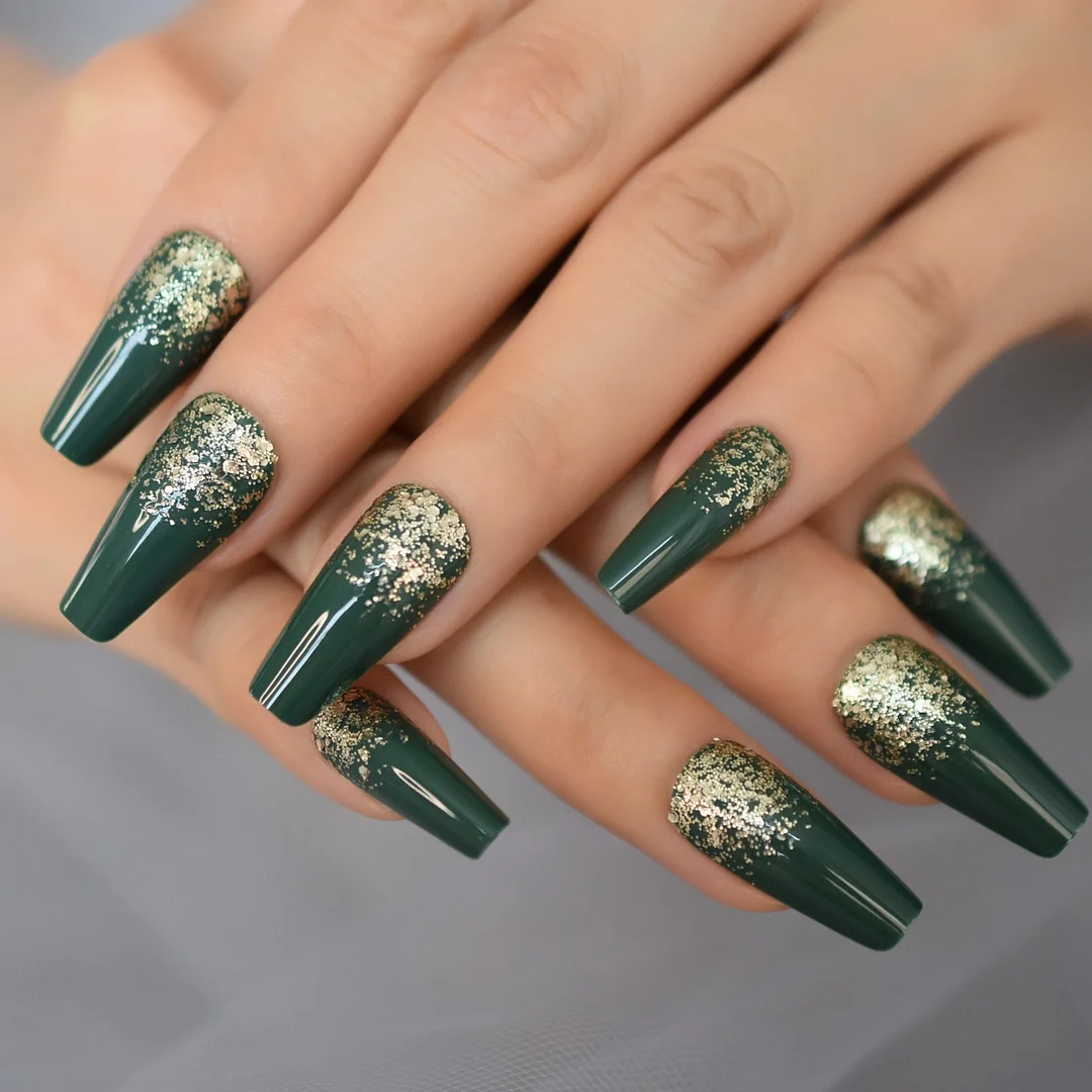 Coffin Fake Nails Set Acrylic Full Cover Press On False Nails Long Dark Green Powder Glitter Decoration Gel Nail Tips