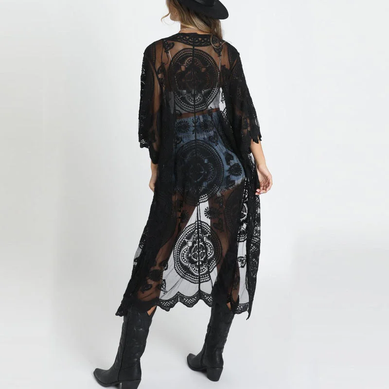 Brownm Loose Embroidered Embroidery Lace Bikini Gauzy Cardigan Beach Mid-length Shirt