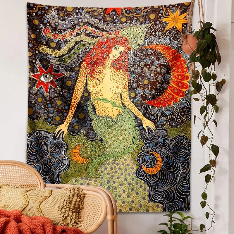 Psychedelic Girl Tapestry Wall Hanging Botanical Celestial Floral Tapestry Hippie Eye Wall Carpets Dorm Decor Starry SkyCarpet