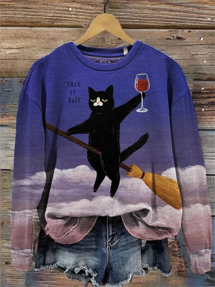 Comstylish Take It Easy Cat Witch with Wine Sweatshirt