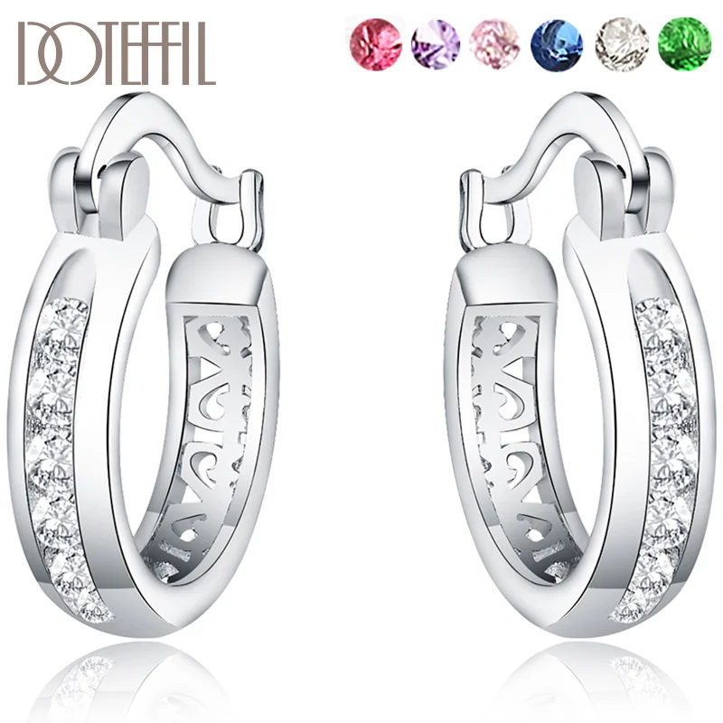 DOTEFFIL 925 Sterling Silver White/Green/Red/Pink/Purple/Blue Round Zircon Hoop Earrings For Woman Jewelry