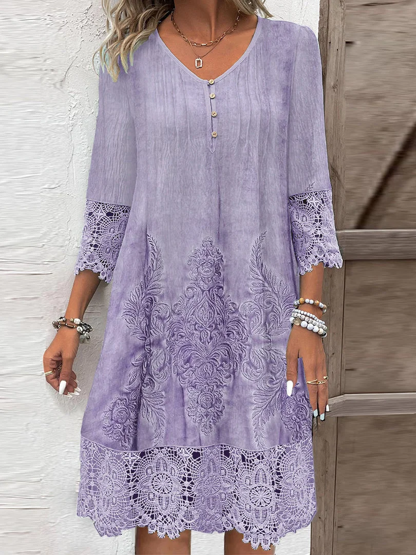 Women plus size clothing Purple - Women's 3/4 Sleeve V-neck Graphic Lace Buttons Midi Dress-Nordswear