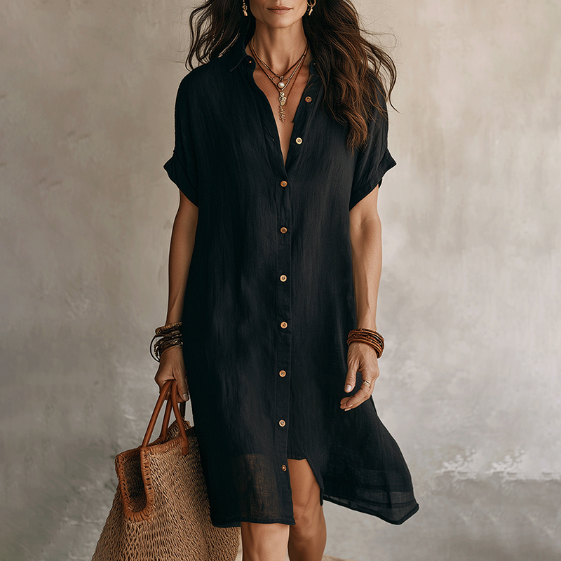 Women's Solid Color Boho Effortless Black Linen Relaxed Midi Dress wearshes