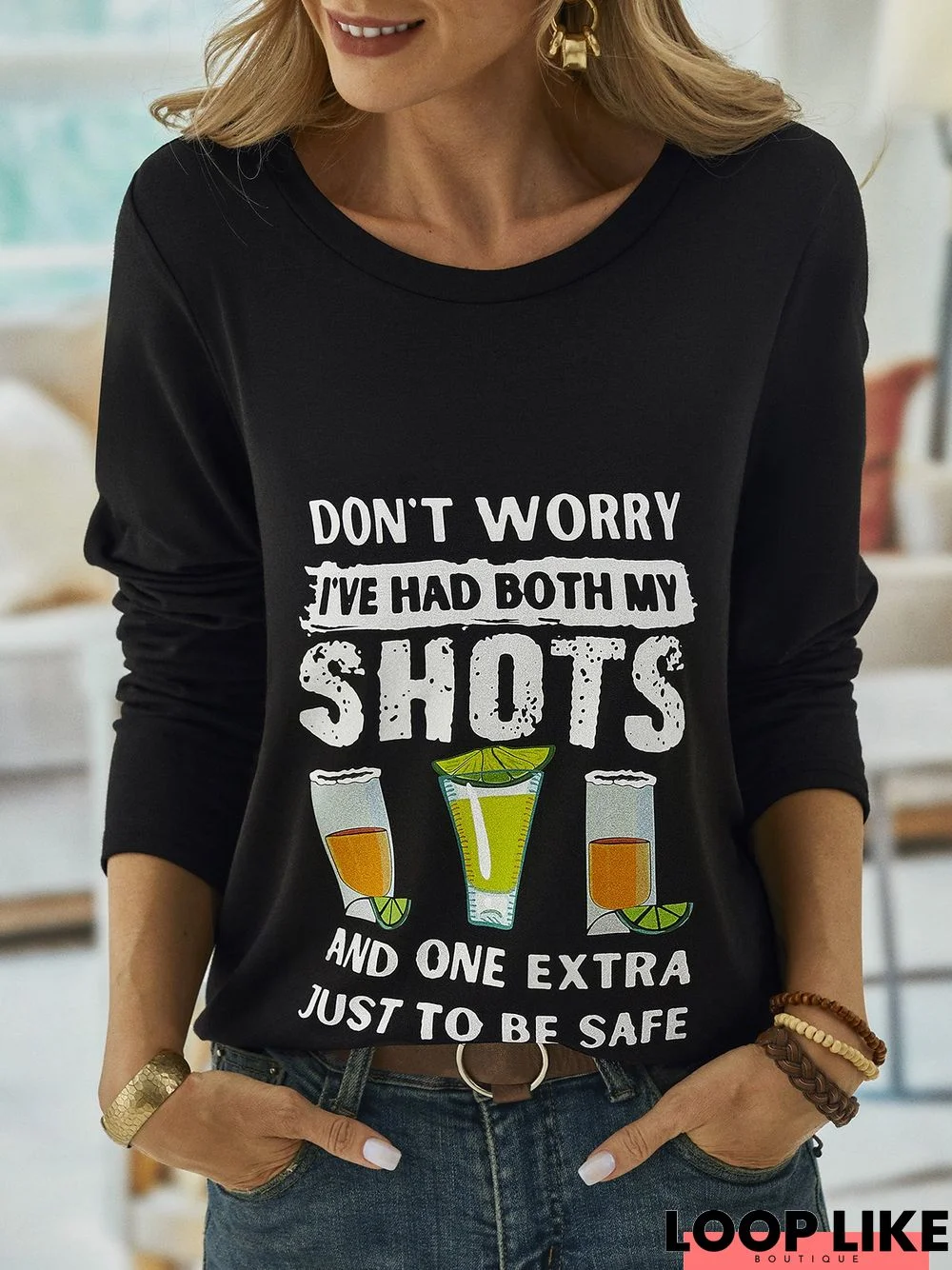 Casual Long Sleeve Round Neck Printed Top T-shirt