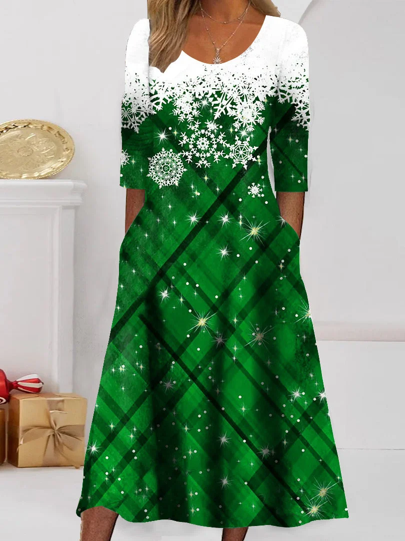 Women plus size clothing Women's Long Sleeve Scoop Neck Printed Plaid Christmas Midi Dress-Nordswear