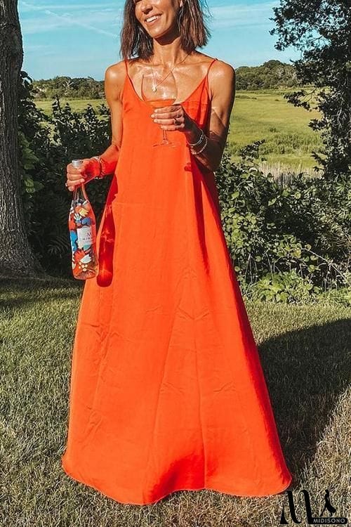 MidiSono - Linen Solid Pockets Slip Maxi Dress